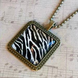 Zebra Animal Print Black & White Square Antiqued Brass Glass 27" Long Necklace